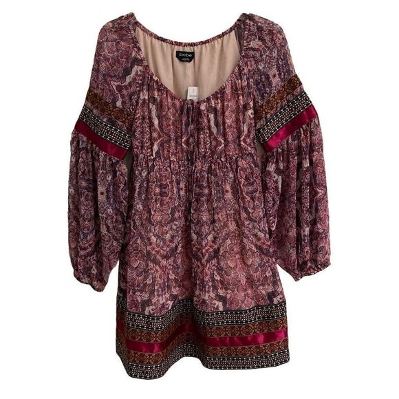 Bebe Fable boho embroidered satin trim balloon  sleeve mini dress women’s S NEW - Picture 3 of 13